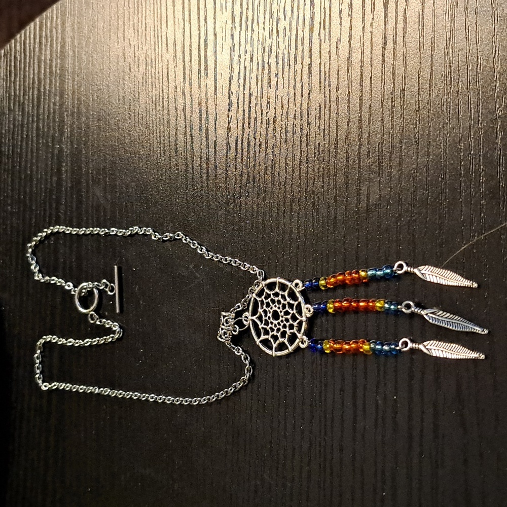 Colorful Beaded Dreamcatcher Pendant with 304 Stainless Steel Chain